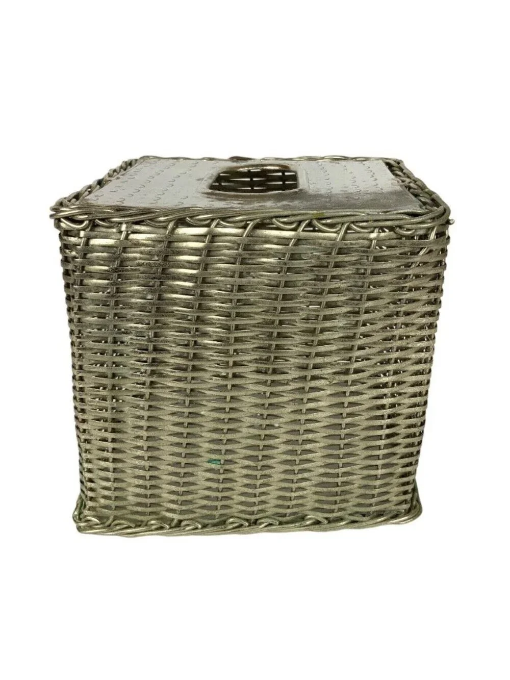 Square Silver Metal Basketweave Tissue Box Holder With Hammered Chrome Finish